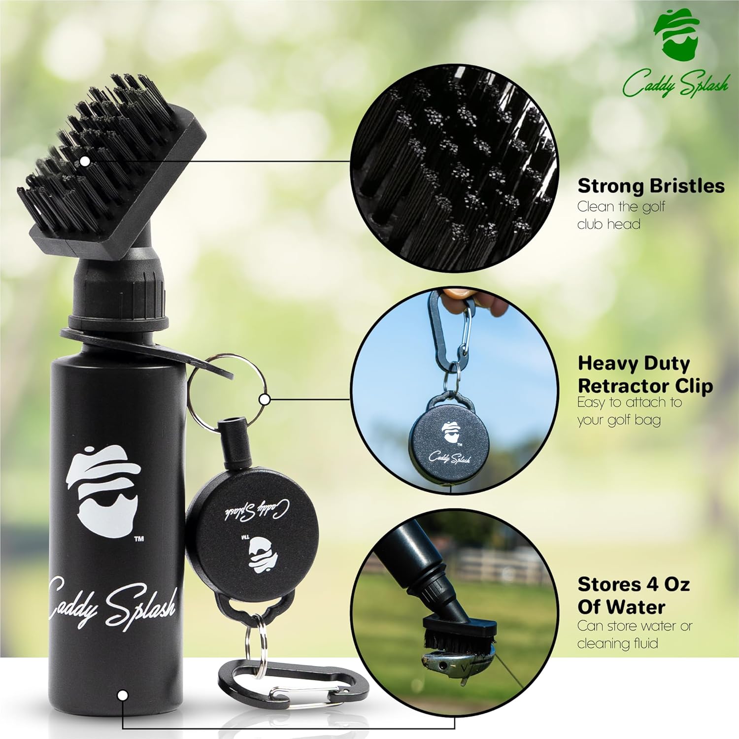 Golf Club Brush Cleaner with Water - Heavy Duty Retractable Clip- Squeeze Bottle for Easy Cleaning with Nylon Bristles- Holds 4 Oz Water - Golf Accessories for Men- USA Company