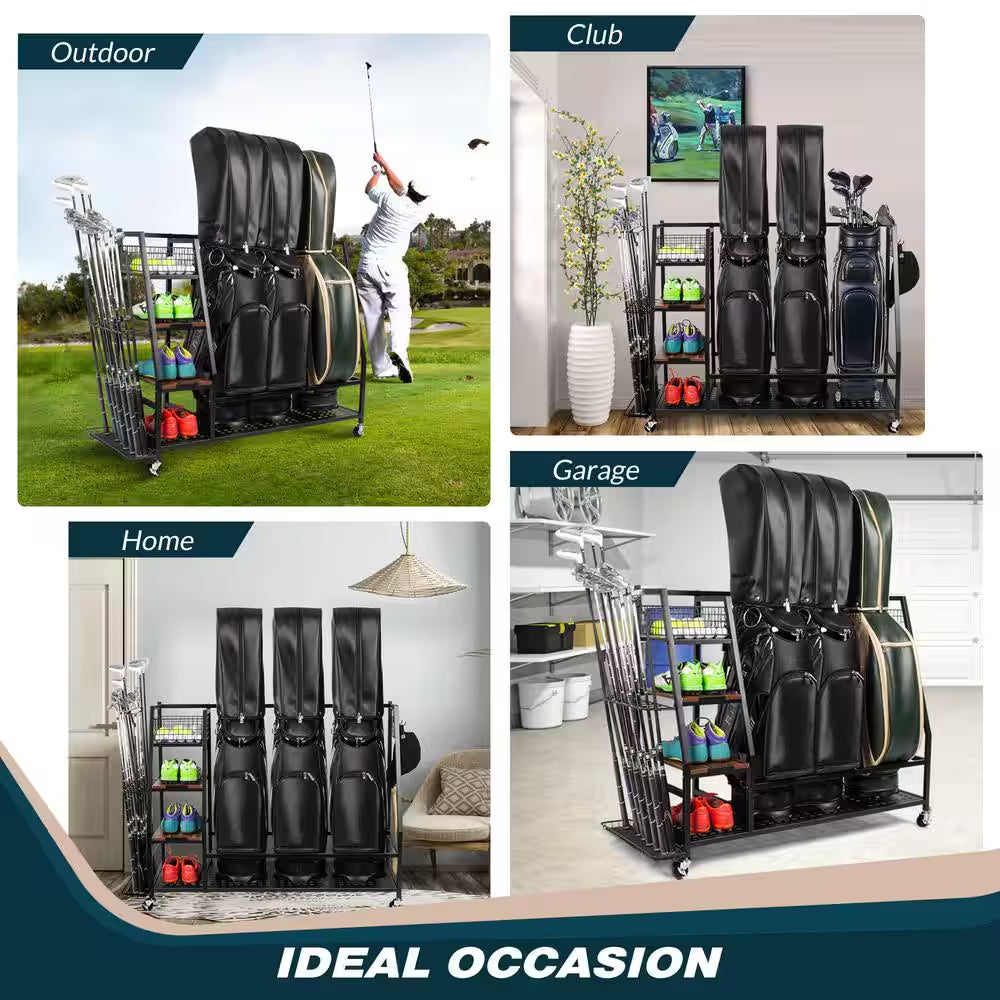 Golf Bags Storage Garage Organizer Golf Bag Rack for 3 Golf Bags and Golf Equipment Accessories Golf Club Storage Stand